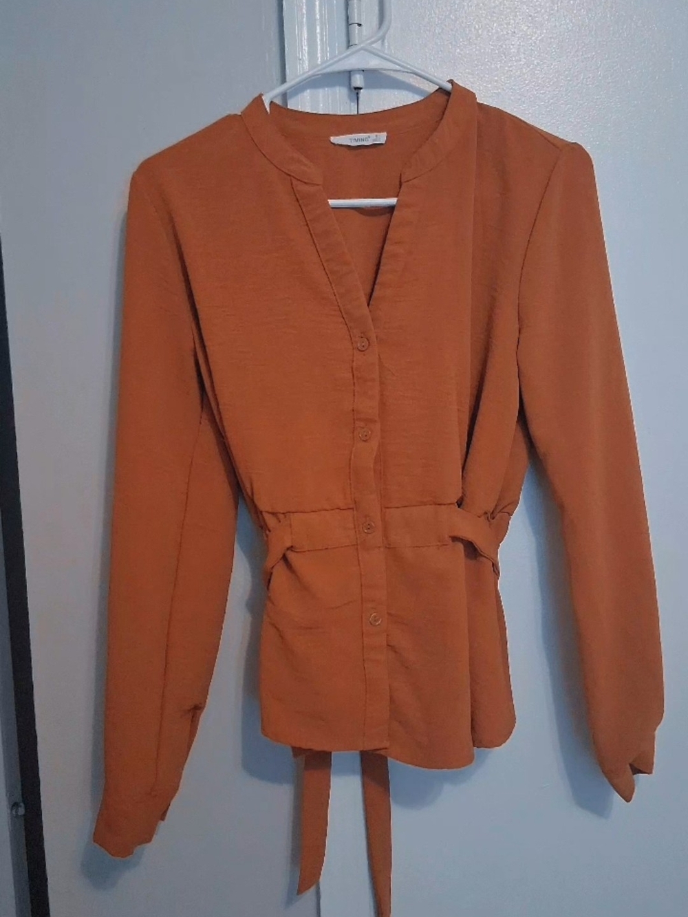 Timing Rust Button-Front Tie-Waist Blouse